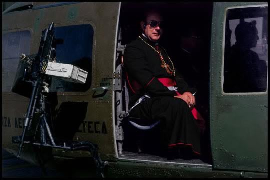 Guatemala, 1983 - Clergy traveled in military helicopters to the mass of  Pope John Paul II in the war zone. Photograph by James Nachtwey