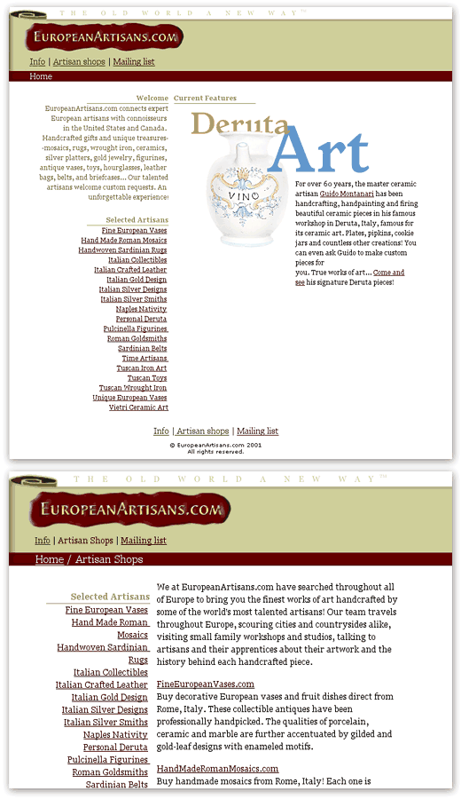 A screenshot of the europeanartisans.com website